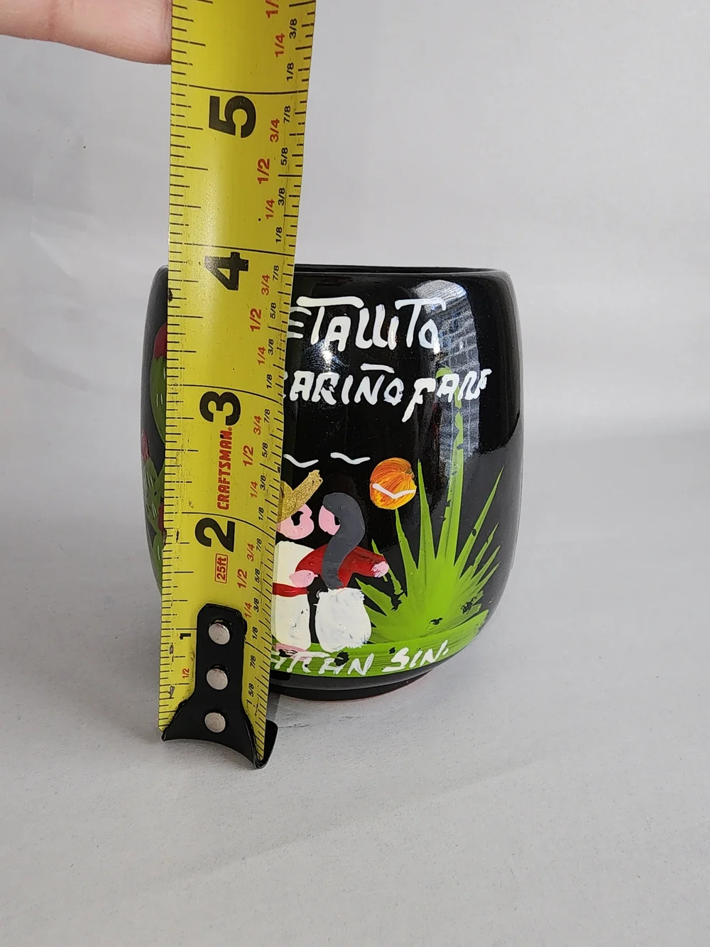 Hand-Painted Black Ceramic Planter with Cactus and Couple Design